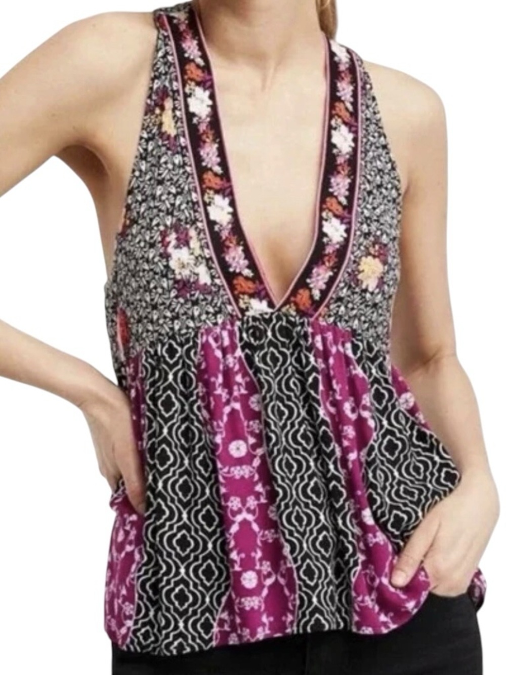 Free People Dream Darlin Floral Mixed Print Boho Tank Top Black Combo L